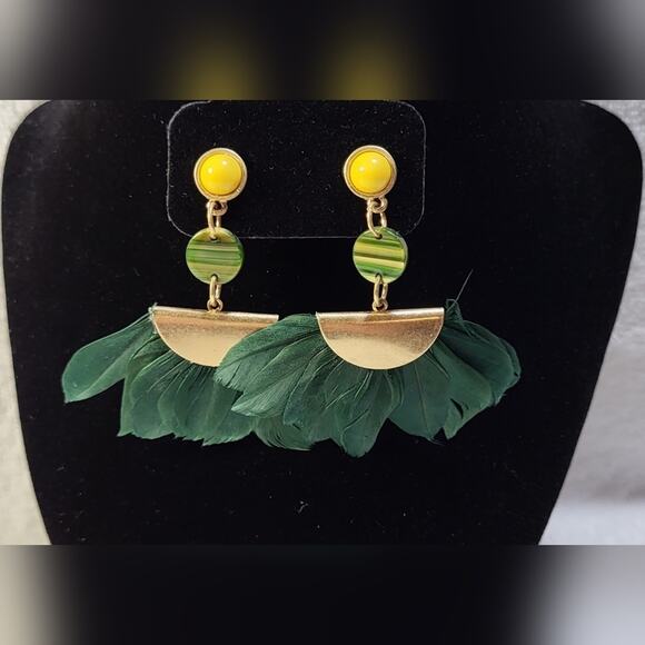 None Jewelry - Green Feather Fan Statement Earrings – Boho Aztec Style, Pierced